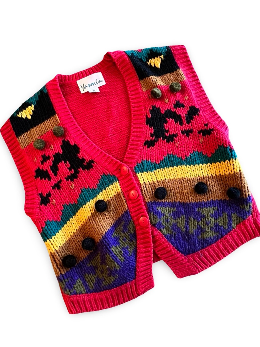 Vintage 80s Yasmin Patterned Colorful Sweater Vest Cardigan Pom-Pom Detail